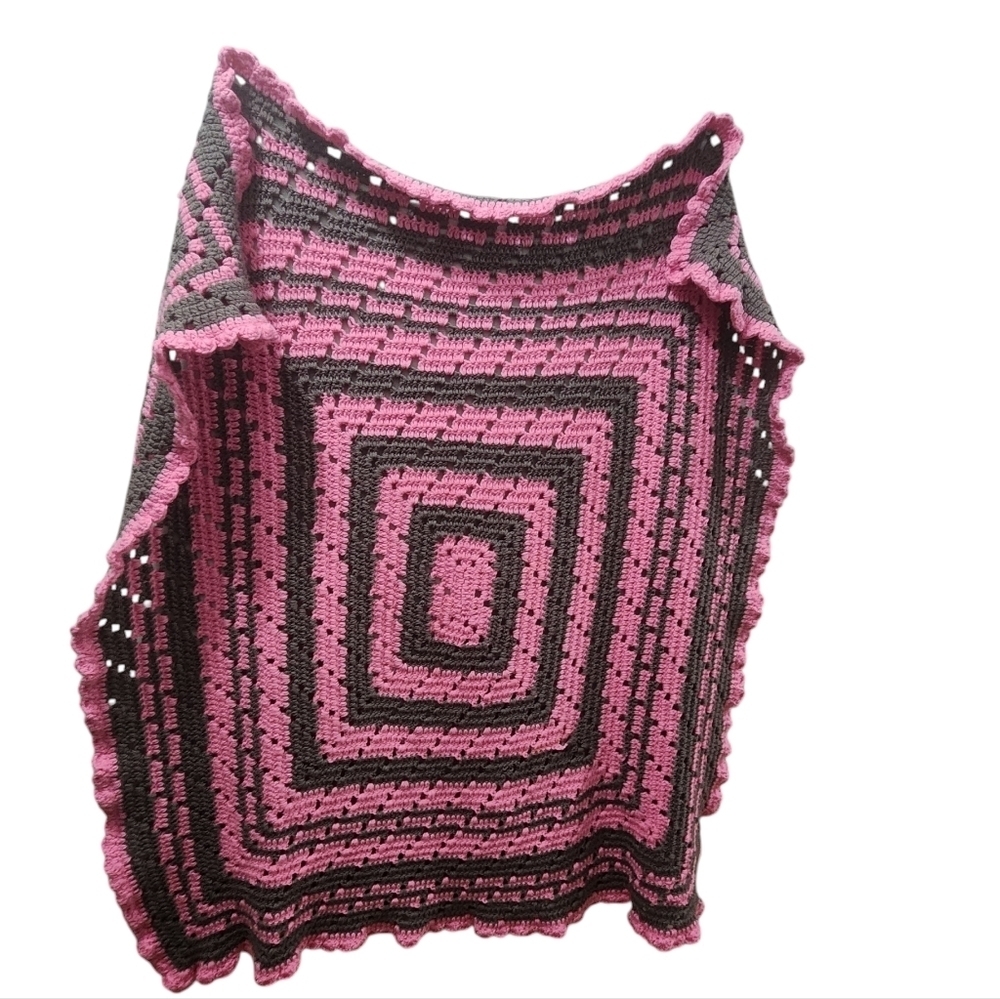 Vintage Handmade Pink Gray Granny Square Crocheted Blanket Afghan 40" X 40"